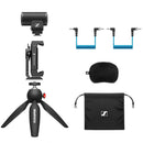 Sennheiser MKE 200 directional microphone kit with smartphone clamp, Manfrotto PIXI mini tripod, cables, windscreen, and carrying pouch for vloggers and content creators