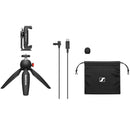 Sennheiser XS Lav USB-C mobile kit with omnidirectional mic, smartphone clamp, mini tripod, windscreen, and carrying pouch