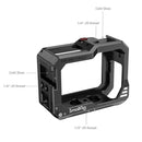 SmallRig Cage for GoPro HERO 9 with cold shoe mounts and 1/4" threaded holes, quick-release side panel, foldable mount, and lens replacement support.