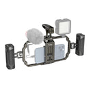 SmallRig Universal Mobile Phone handheld video rig with dual handles, top handle, cold shoe mounts, LED light, and microphone for stable vlogging and mobile filmmaking.