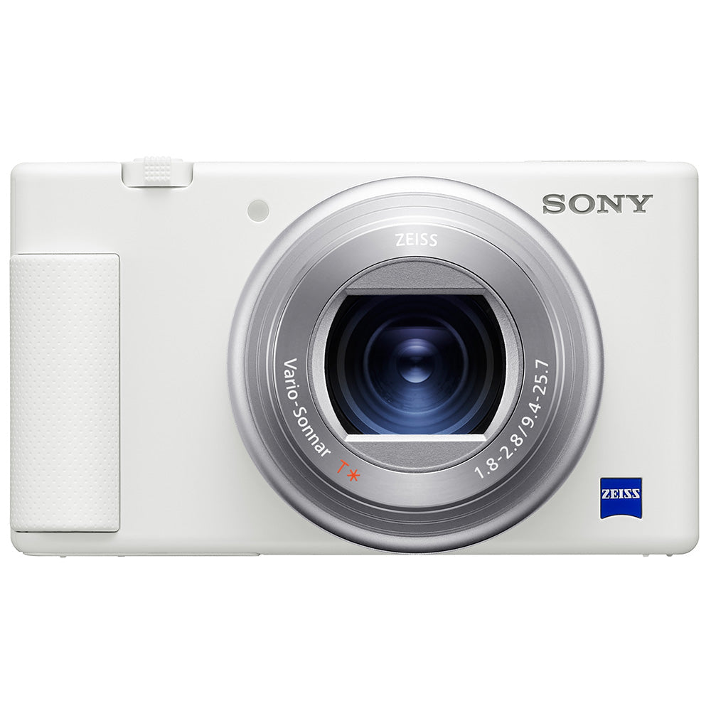 Front view of white Sony ZV-1 Camera with Zeiss lens and grip designed for vloggers and content creators