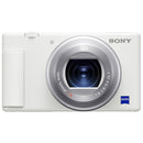 Front view of white Sony ZV-1 Camera with Zeiss lens and grip designed for vloggers and content creators