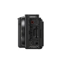 Side view of Sony ZV-E1 camera showing ports and full-frame sensor with 28-60mm f4-5.6 lens kit