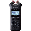 Tascam DR-07X handheld audio recorder with adjustable stereo microphones and LCD display