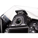 Thinktank Emergency Rain Cover protecting DSLR camera with clear oversize window and hot-shoe mount