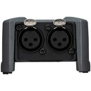 Close-up of Zoom F3 Field Recorder showing dual XLR input connectors in durable metal casing