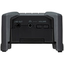 Zoom F3 Field Recorder rear view with line out, headphone jack, and volume controls in durable casing