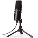 Zoom ZUM-2 USB Microphone on tripod stand with USB connection, professional broadcast quality, plug-and-play design for podcasting and streaming.